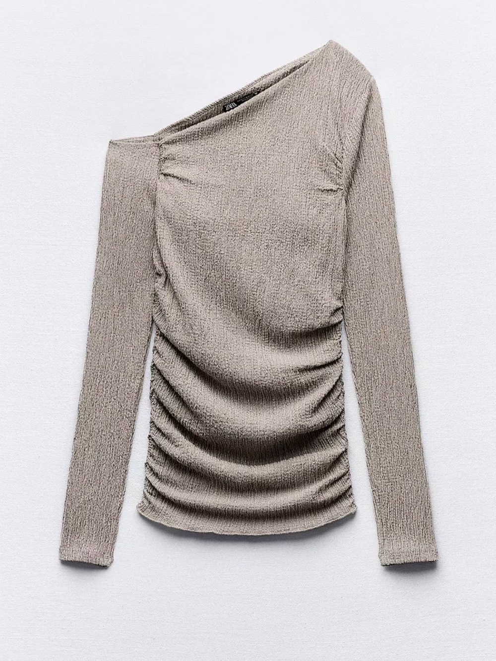 Zara One-Shoulder Textured Knit Top in Taupe Beige